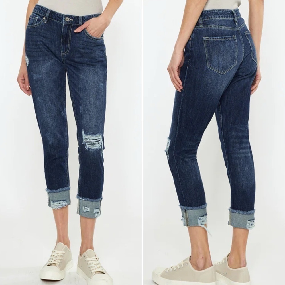 KanCan Bernice High Rise Boyfriend Jeans 3 25 distressed ripped raw hem dark
